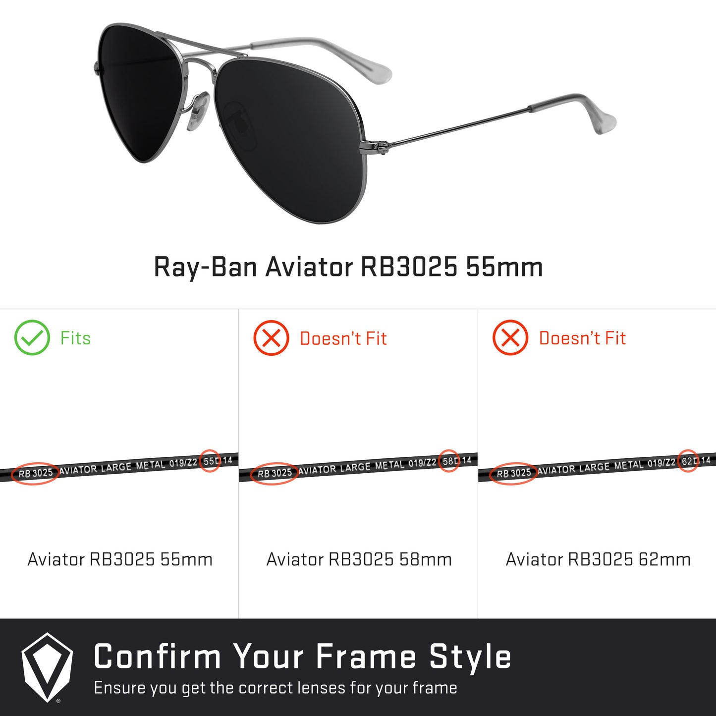 Revant replacement lenses compatible with Ray Ban Aviator Rb3025 55mm